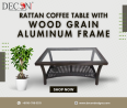 The Rattan Coffee Table with Wood Grain Aluminum Frame is your answer